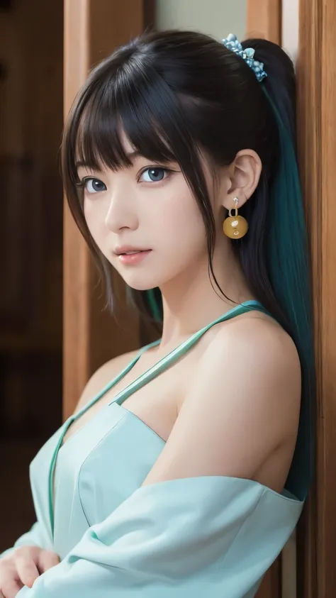 Top quality (8k, high resolution, masterpiece: 1.2), super detailed, anime art style, dynamic angle, teen style, (Chinese dress, exposed shoulders, earrings, indoor,), detailed green hair, detailed blue eyes, intricate hairstyle, long hair , slim body, spa...