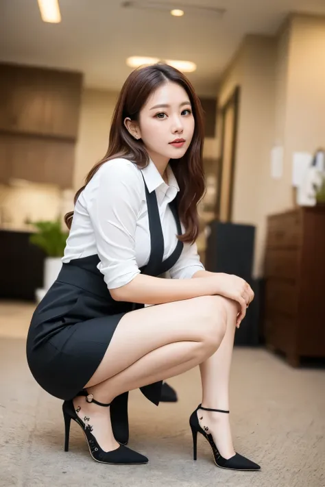 (((masterpiece))), (((highest quality: 1.4))), ((Super Detail: 1.4)) , A woman squatting in a white shirt and black skirt, ulzzang-6500-v1.1, (Raw photo:1.2), (Photorealistic), (See-through:1.3), (masterpiece), (Genuine:1.4), 38 years old, 3 6 years old, 2...