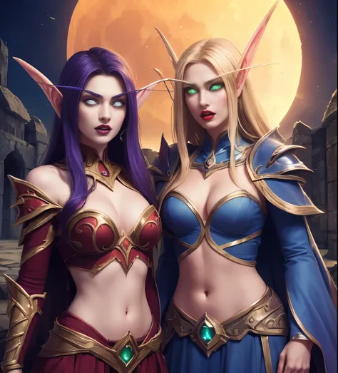 (Masterpiece, highly detailed, highly quality,  highly resolutions), duo, 2girl, fighting, sword, sword fighting, ({{nightelf, angry, clenched teeth, glowing eyes, blue eyes, Purple Hair, colored skin, mature female, purple Dress, purple shoulder pad, Nave...