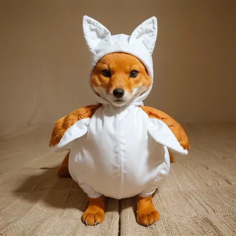 Orange fox wearing white duck costume