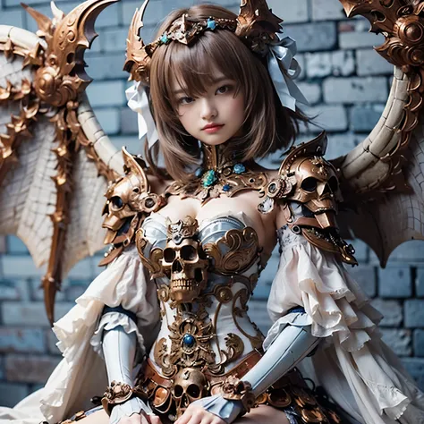 (masterpiece、highest quality、Realistic photos)、A very cute Japanese woman、(Brown skin:1.4)、A complex copper and brass mechanical armor with a skull motif.、Bat Wings、White tone、Blue accents、foot、Extremely intricate details、Posing on the medieval castle wall...