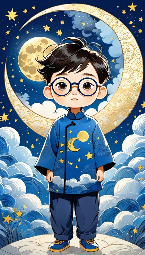 cartoon animation，hand-drawn style：粗糙的texture，（1 boy，unique，baldhead，round glasses。）cloud，star，moon，dragon，beautiful details，tex...