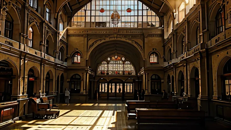 victorian interior of train station, warm colors, soft light, locomotive