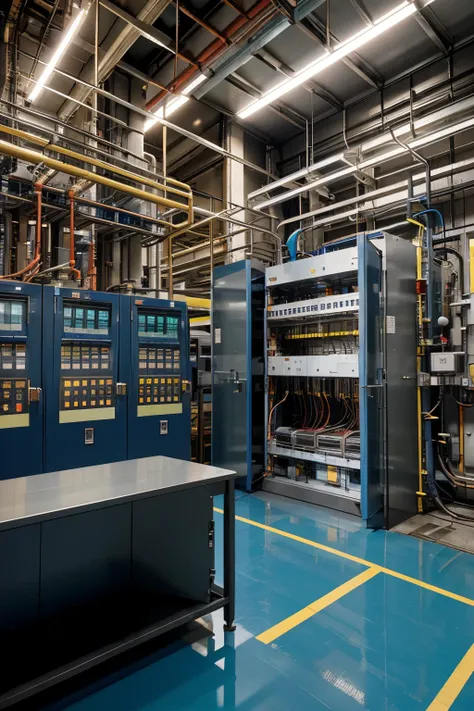 High tech factory inside with electrical panels and switchgear panels in the background. colourful realastic 