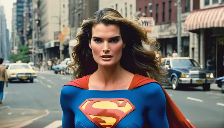 araffe woman in a superman costume walking down a city street, brooke shields, supermodel, supergirl, super model, stunning woman, supermodel! face!, super high resolution, superman, neil leifer, lynda carter wonder woman, super, superhero, hero, high fash...