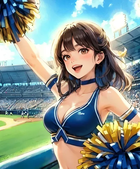 1lady solo, cheering, dancing, (dynamic posing), cheerleader (stylish outfit), mature female, /(dark brown hair/) bangs, blush brightly smile, open mouth, (teeth:0.8), (masterpiece best quality:1.2) delicate illustration ultra-detailed, large breasts BREAK...