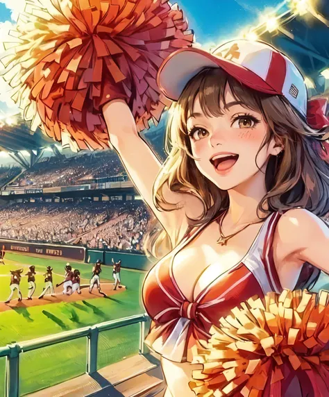 1lady solo, cheering, dancing, (dynamic posing), cheerleader (stylish outfit), mature female, /(light brown hair/) bangs, ribbon, blush brightly smile, open mouth, (teeth:0.8), (masterpiece best quality:1.2) delicate illustration ultra-detailed, large brea...