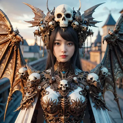 (masterpiece、highest quality、Realistic photos)、A very cute Japanese woman、(Brown skin:1.4)、A complex copper and brass mechanical armor with a skull motif.、Bat Wings、White tone、Blue accents、foot、Extremely intricate details、Posing on the medieval castle wall...