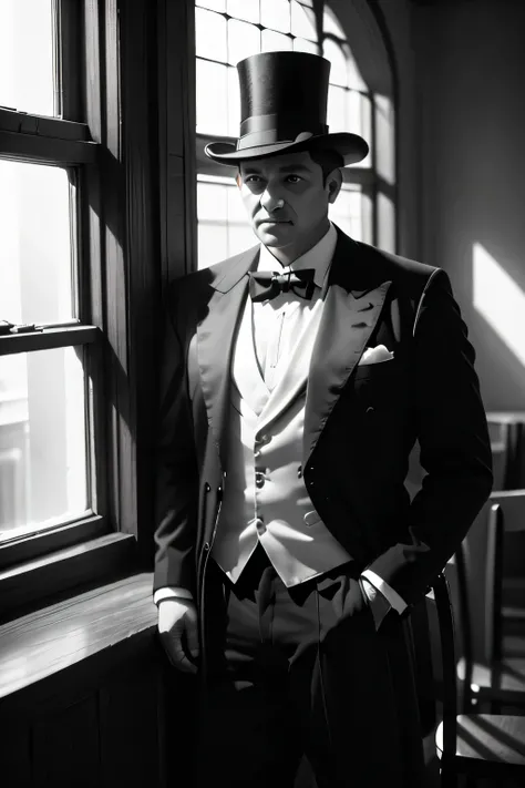 (black and white,high contrast:1.2), church window, sunlight streaming through the window, silhouette of a grown man standing with a top hat, his shadow in the middle of two chairs