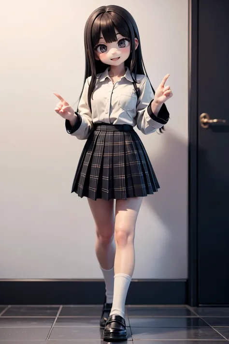 、Jewel-like eyes、full body、smile、Long black hair、(Checkered grey pleated skirt)+(White collared shirt)、