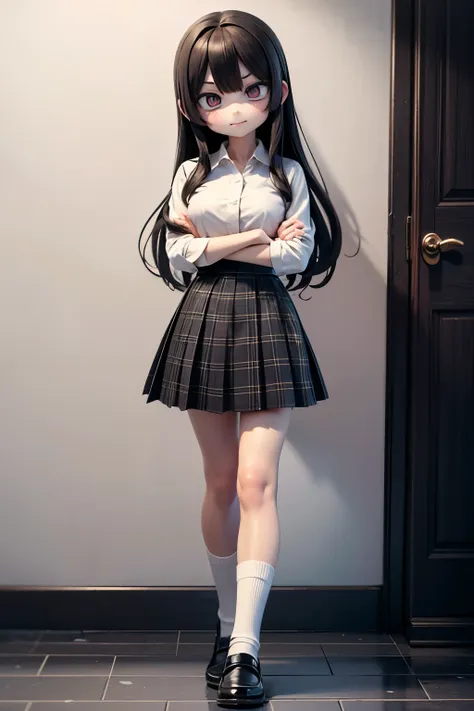 、jewel-like eyes、full body、smile、long black hair、(checkered grey pleated skirt)+(white collared shirt)、white socks、angry with ar...