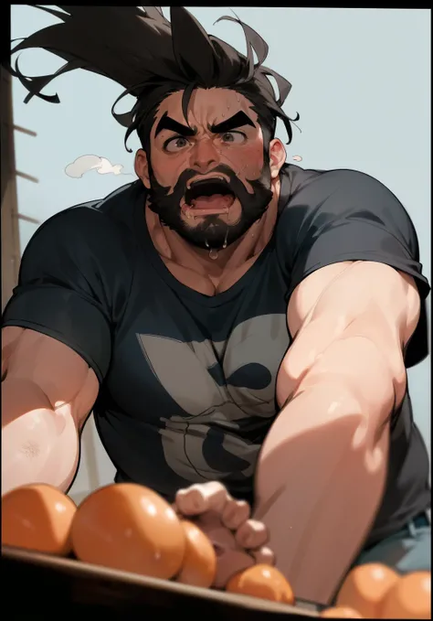 Anime art of a middle-aged man, around forty years old, letting out burps and belches, His bulky figure towering over me, Unapologetic expression, Chunks of food visible in the aftermath, Unkempt hair, Sweat droplets forming on his brow, Belching loudly wi...