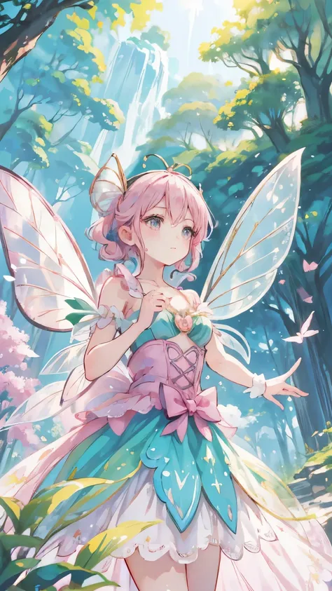 pink hair, bell, Pop art, drop shadow, from below, super detail, high details, highres, (fairy), ((Tinker Bell)), thin wings, in the forest, flying in the sky, pastel colors, pastel art