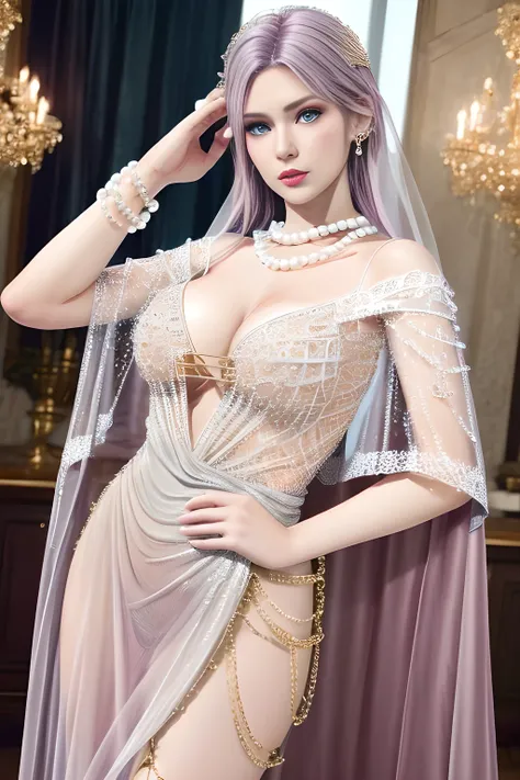 1girl,beautiful detailed eyes,beautiful detailed lips,extremely detailed eyes and face,long eyelashes,(Wearing Ice-crystal embellished dress:1.2),(Wearing Jewel:1.2),(lace_cloak:1.3),(Fluffs),(pearl bodychain:1.3),mesh pantyhose,(best quality,4k,8k,highres...