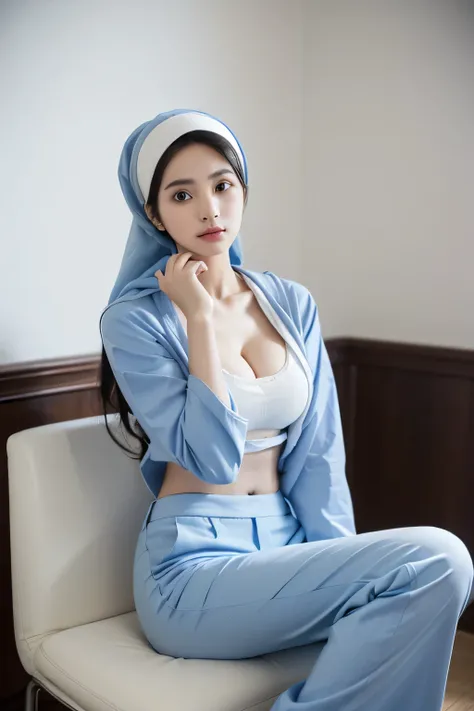 1 lady, 20 years old, best body,  wearing white hijab, hijab covers whole hair, wearing blue nurse shirt & blue trousers, thighs, sitting on chair, holding up file, white background, nurse wear, close shot, cleavage, medium breast (medium breast 1.0), hosp...