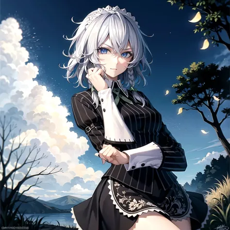 detailed background, masterpiece, best quality, , a forest full of purple and white trees, fireflies, water, purple theme, white theme, mystical, magical, 1girl, solo, sakuya izayoi, silver hair, maid dress, white apron, very short skirt, sexy pose,, sleev...