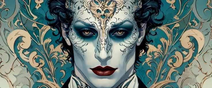 exquisite ink art, realistic, detailed beautiful androgynous vampire man wearing a masquerade mask, aesthetic, rococo style, fad...