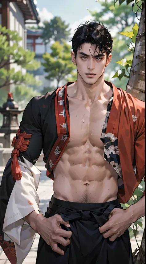 Japanese male samurai, 30 years old, Big one, big muscles, Slight pubescence., black hair, Wavy abdominal muscles, The body is full of wounds., Sweating, Tanned skin, dirt, Wearing traditional red and black Japanese armor.. , holding a katana, In the middl...