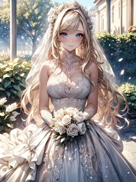 (masterpiece, best quality, beautiful and aesthetic:1.3), looking at viewer, 1girl, solo, light smile, (makeup, long hair, light beige hair, blue eyes:1.2), Octane Render, bridal veil, lace-trimmed dress, see-through, wedding dress, outdoors, white roses, ...