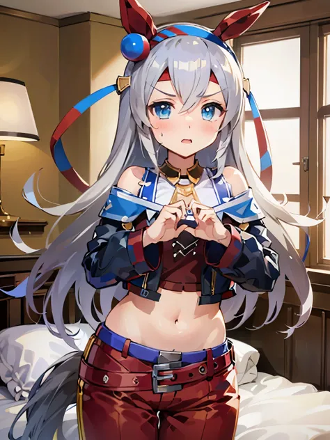 NSFW,tamamo cross (umamusume),(Perfect hands),(Perfect Anatomy),(masterpiece),(highest quality),Embarrassed,blush,cropped,Off the shoulder,hot pants,Love Hotel,bedroom