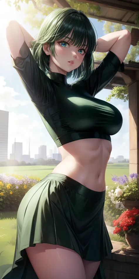 realistic, 1girl, fubuki, green hair, green eyes, big round breasts, pure white skin, shining eyes, dark green crop top, dark gr...