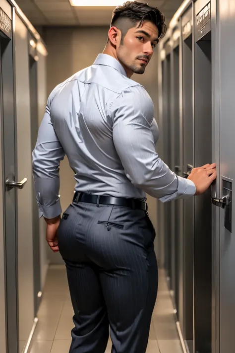 40-year-old boy ,japanese muscular male in formal shirt......... dark grey pinstripe trouser..... seductive expression.............