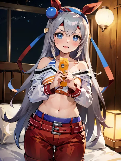 NSFW,tamamo cross (umamusume),(Perfect hands),(Perfect Anatomy),(masterpiece),(highest quality),Embarrassed,blush,cropped,Off the shoulder,hot pants,High leg pants,Love Hotel at Night,bedroom