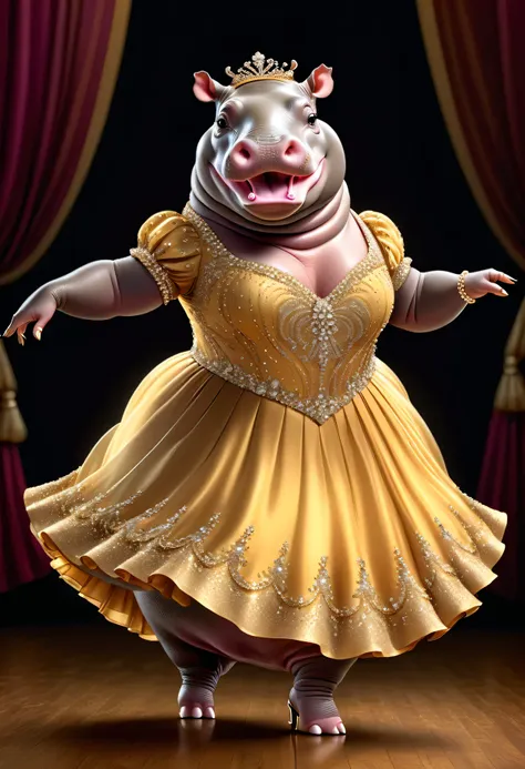 photorealistic portrait of dressed animals - a ((fat)) ((hippo)) ballroom dancer,(dynamic dancing pose:1.5),(smile),(), high qua...