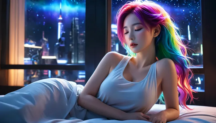(best quality,8k,ultra-detailed:1.2),(CG,CG art,3D rendering),(masterpiece:1.2),(Crawling on the table),(Sexy clothing),(movie lighting,futuristic),(woman lying in bed,sleeping,closed eyes),(large window behind her,tranquil night),(colorful hair:1.5)