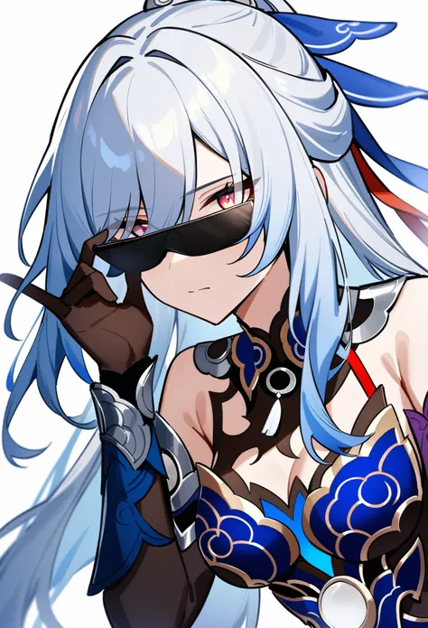 masterpiece, best quality, very aesthetic, absurdres, 1girl, jingliu(honkai: star rail), honkai: star rail, upper body, cleavage, blindfold, adjusting eyewear, simple background