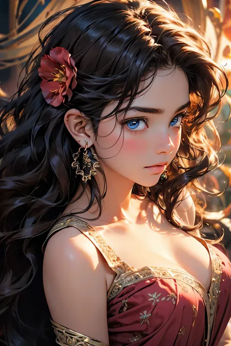 ((best quality)), ((masterpiece)), (detailed), detailed skin, hazel eyes, long black hair with thick waves, fluid dynamics, big ...