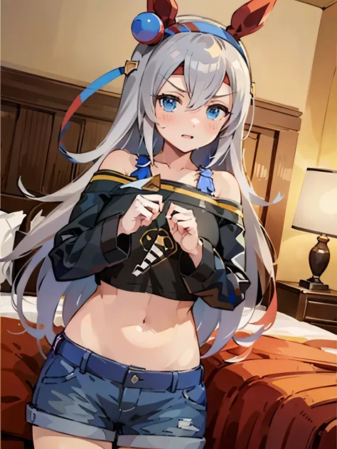NSFW,tamamo cross (umamusume),(Perfect hands),(Perfect Anatomy),(masterpiece),(highest quality),Embarrassed,blush,cropped,Off the shoulder,Shorts,High leg pants,Love Hotel at Night,bedroom