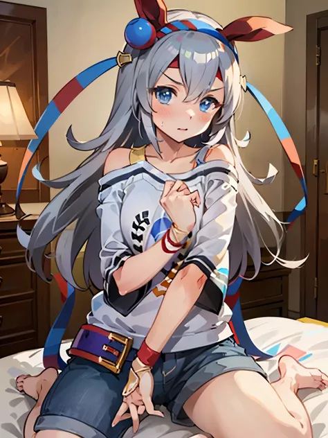 NSFW,tamamo cross (umamusume),(Perfect hands),(Perfect Anatomy),(masterpiece),(highest quality),Embarrassed,blush,cropped,Off the shoulder,Shorts,High leg pants,Love Hotel at Night,bedroom