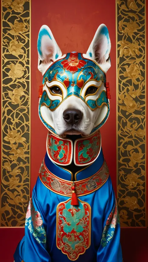 A hyperrealistic fashion photo of an anthropomorphic dog wearing intricate, traditional Chinese mask with ornate patterns and vibrant colors, standing against the backdrop of a richly patterned wall in a studio setting. The style is influenced by Art Nouve...