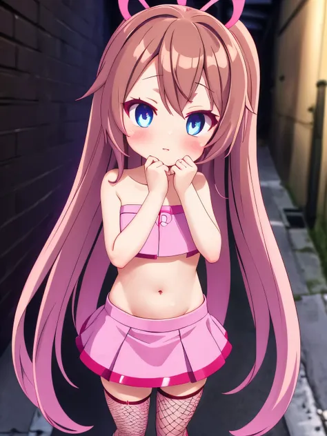 lolicon, brown  hair,strapless pink crop top  ,pink latex miniskirt,very long and  thin legs,blue eyes ,very thin waist , coquet...