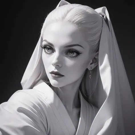 (alta qualidade: 1.3), Cinematic shot, obra de arte, (sharp focus: 1.5), (fotorrealista: 1.3), Medium portrait of (uma linda jovem vampira, Pale skin, ainda orgulhoso e feroz, cabelo liso branco e lingo bob, gloomy appearance, dressed in a highly detailed ...