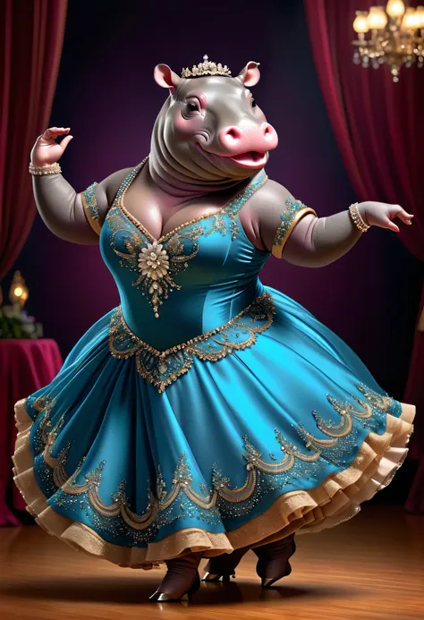 realistic portrait of dressed animals - a ((fat)) ((hippo)) ballroom dancer,(dynamic dancing pose:1.5),(smile),(passion), high q...