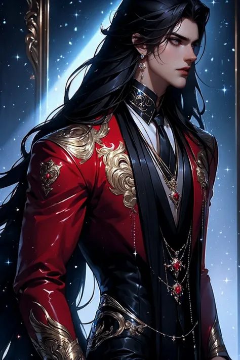 (((Masterpiece))), top quality, handsome dapper gothic male Prince, super detailed, dark red corset vest, pants, shiny dark skin, very long straight voluminous black hair, dark eyes, adorned with a diamond crown decorated with dark gemstones and black rose...