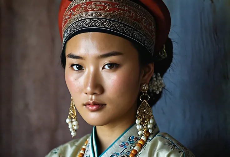 portrait of 25  years old young mongolian woman in an elegant traditional outfit, showing off her calm and sad face with brown e...