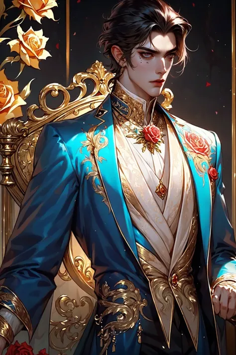 (Male Vampire model)(Strong gorgeous features)(Intense look)(Gold  crown)(Gold roses)(Rococo fashion)(Retro elements)(Flowers)(Neon)(Balanced composition)(Symmetry)(Confident posture)(Regal presence) (Art)(Neon colored background)(Vintage Graffiti)