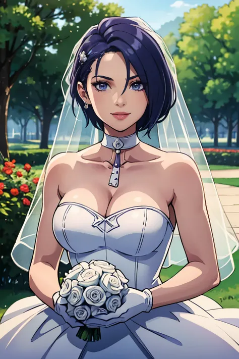 1girl, solo,Shamir fe, crown,earrings ,lipstick, eye shadow, makeup, hair between eyes, ahoge, hair ornament, gloves, dress, cleavage, bare shoulders, collarbone, white oprea gloves, white gloves, white dress, strapless, white choker, tiara, veil, straples...