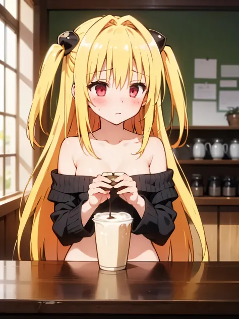 NSFW,Fiami、1 girl、Long Hair、solo、hair ornaments、Two Side Up、Blonde Hair、Red eyes、hair ornaments,sweater,Off the shoulder,Embarrassed,blush,(Perfect hands),(Perfect Anatomy),(masterpiece),(highest quality),Coffee shop,table