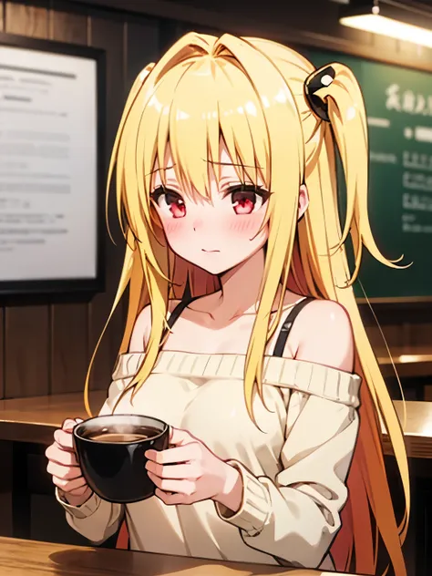 NSFW,Fiami、1 girl、Long Hair、solo、hair ornaments、Two Side Up、Blonde Hair、Red eyes、hair ornaments,sweater,Off the shoulder,Embarrassed,blush,(Perfect hands),(Perfect Anatomy),(masterpiece),(highest quality),Coffee shop,table