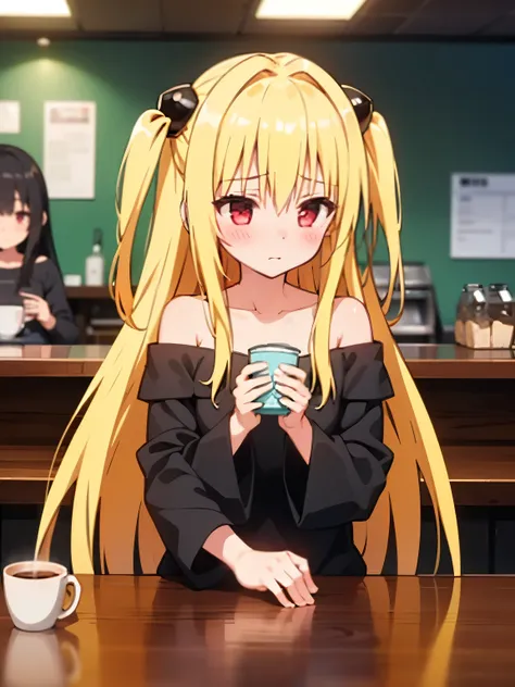 NSFW,Fiami、1 girl、Long Hair、solo、hair ornaments、Two Side Up、Blonde Hair、Red eyes、hair ornaments,sweater,Off the shoulder,Embarrassed,blush,(Perfect hands),(Perfect Anatomy),(masterpiece),(highest quality),Coffee shop,table