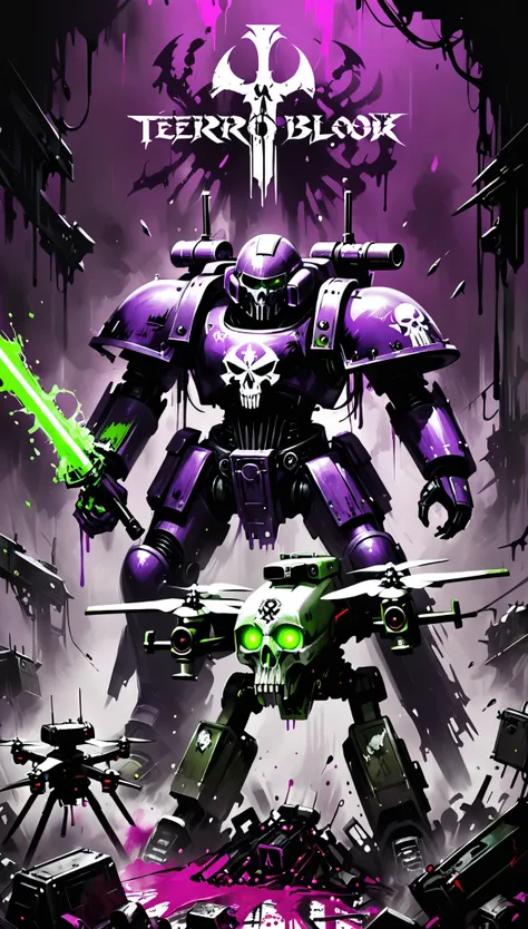 in style of Ashley Wood,1boy,role conception,terror blood,death sign,very detailed,more details,smooth and smooth strokes,modify weapons,portable device,(portable drone installations:1.3),(fluorescent paint logo:1.2),warhammer 40k,darkmagenta,darkviolet,