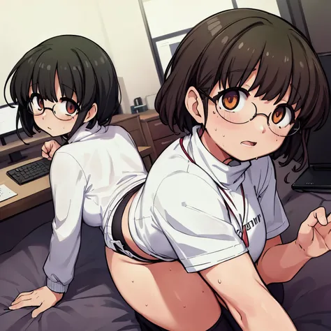 highest quality,(8K Portrait),(Official Art)、obesity、((short hair))、blush,((dark hair)),(Sweat),Black knee socks、One Woman,((:is))、hot、Office Room、Glasses、Thick thighs, Such an ass, Liar, Open crotch, Dettol, Down the Out、(Dynamic pose)、isらしない身体、Dynamic An...