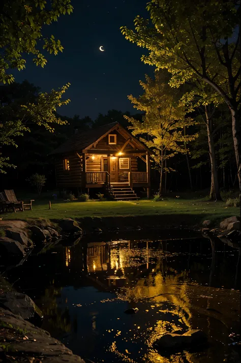 A country cabin, lit with golden lights, and a bonfire in the backyard, night with the moon, and a stream