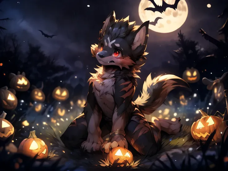 halloween：1.3, a black wolf，under the red moonlight，big red moon，white hair：1.3，gray fur, 
 its evil red eyes and sharp fangs ex...