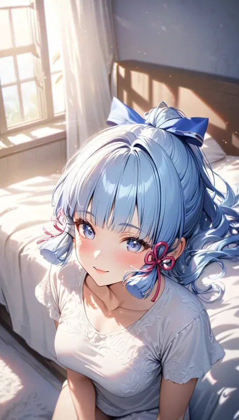 ayaka,((blue hair)), elf,beautiful face,smiling, fit body, moderate breast,sitting on a bed,wearing white pajama,illustration,de...