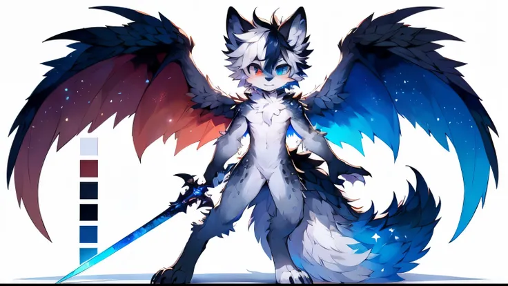 A cute anime-style fantasy creature blending features of a wolf and dragon, depicted without clothing. This anthropomorphic male character, about 16 years old, is shown in an action pose with a single hand holding a long sword made of pure energy, resembli...